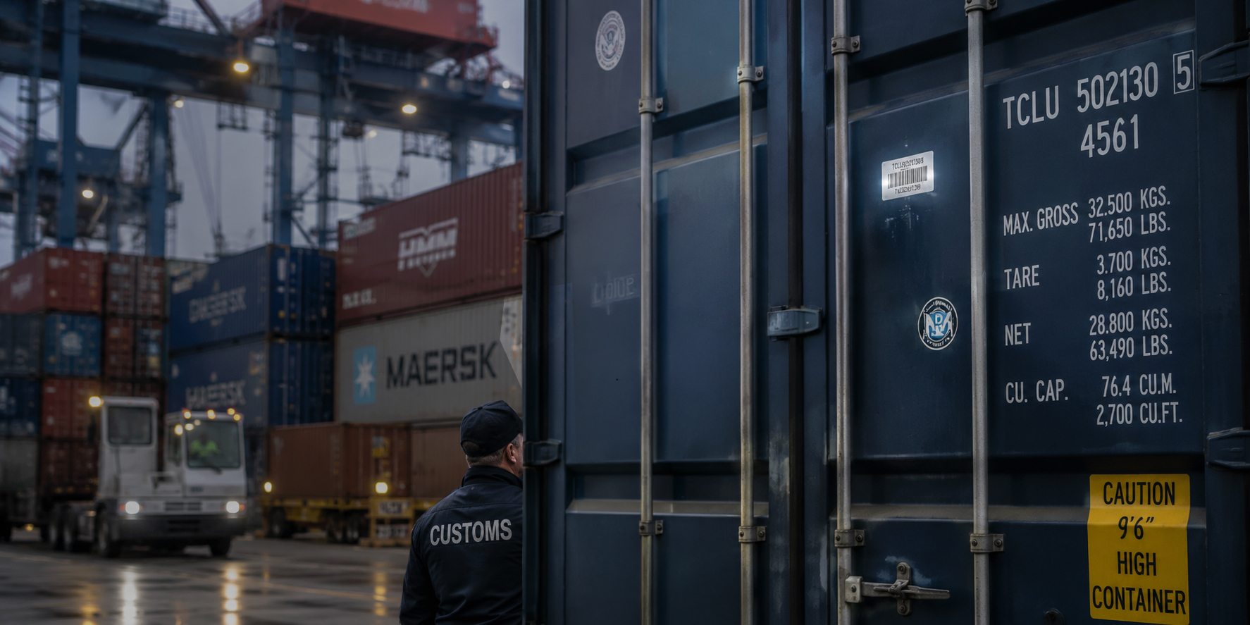 A customs officer beside an inspected shipping container at port
