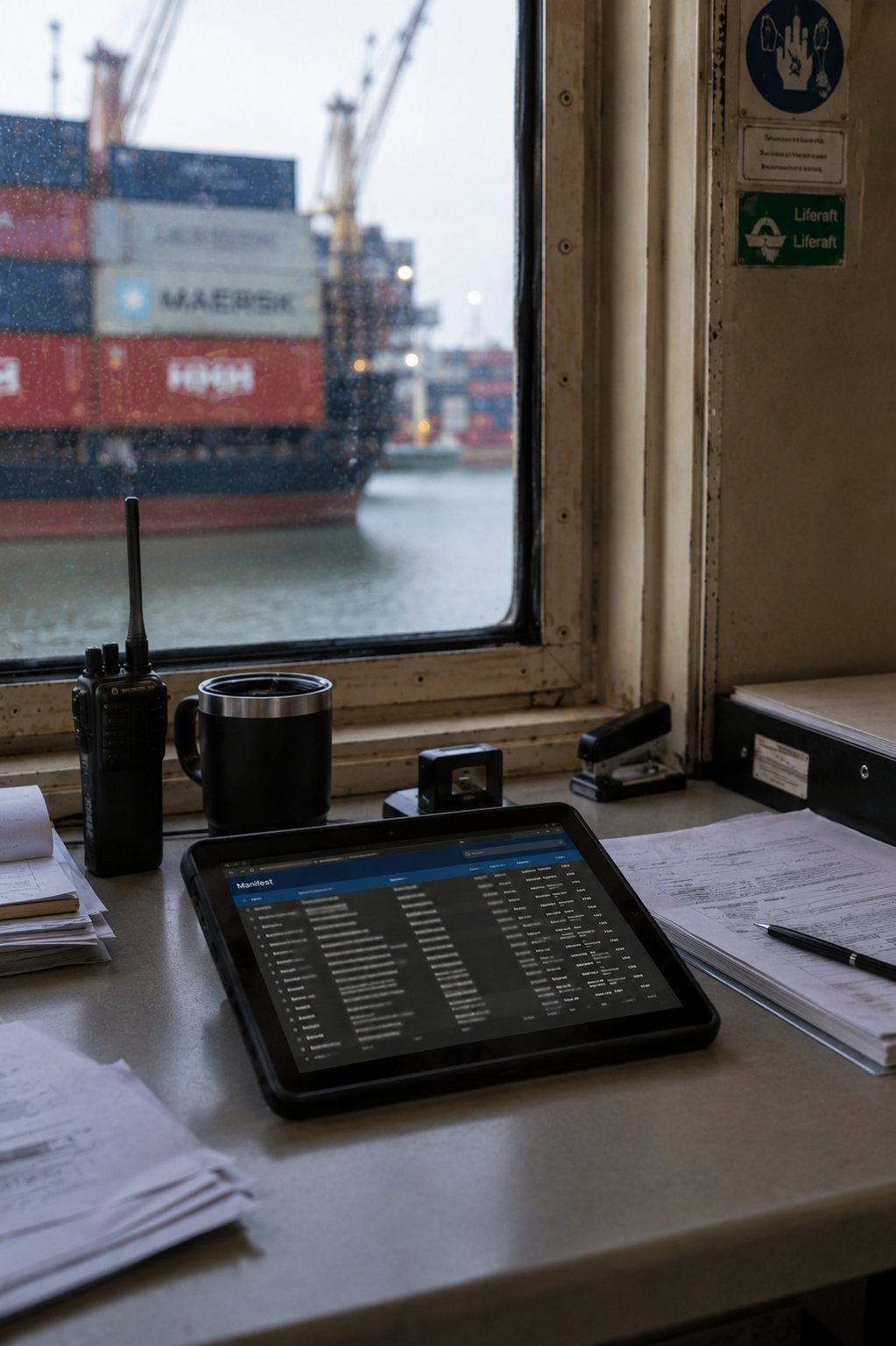 A shipboard manifest open on a tablet, container vessel at the quay beyond the window